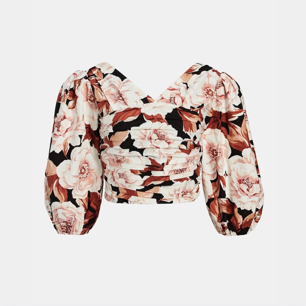 Express Floral Print Linen-Blend Ruched Cropped Top - Picture 1 of 13